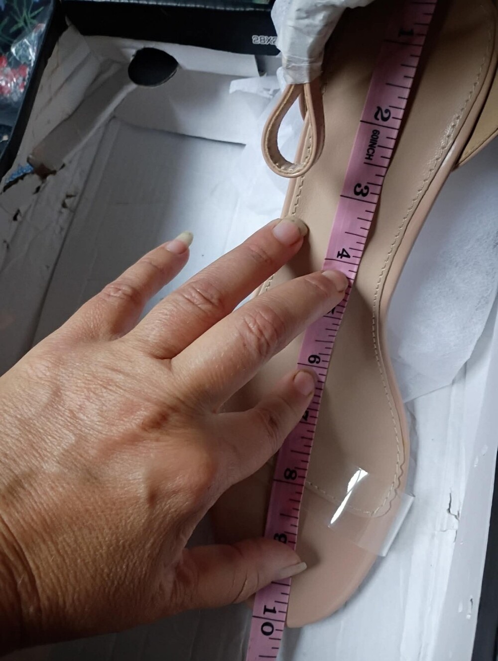 NIB Mei Oi Nude Clear Heel Sandals Sz 8 Lucite Block Heel Ankle Strap Statement - Picture 10 of 12
